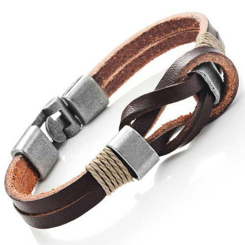 Dark Brown Genuine Leather Nautical Knot Bracelet with Silver New Secure Clasps for Him and Her, Unisex, 8