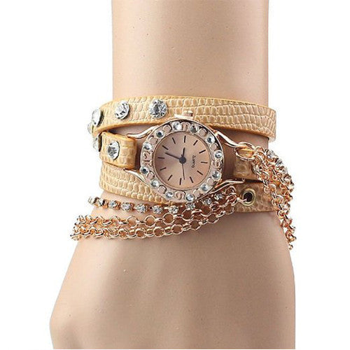 ABC® Leather Bracelet Rhinestone Rivet Chain Quartz Wrist Watch (Brown) -  - 1
